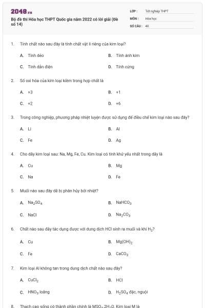 Bộ đề thi Hóa học THPT Quốc gia năm 2022 có lời giải (Đề số 14)