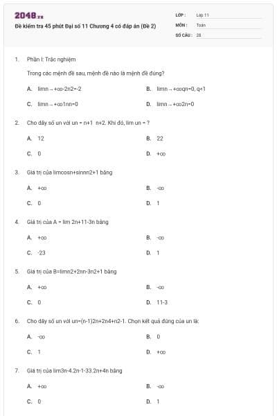 Đề kiểm tra 45 phút Đại số 11 Chương 4 có đáp án (Đề 2)