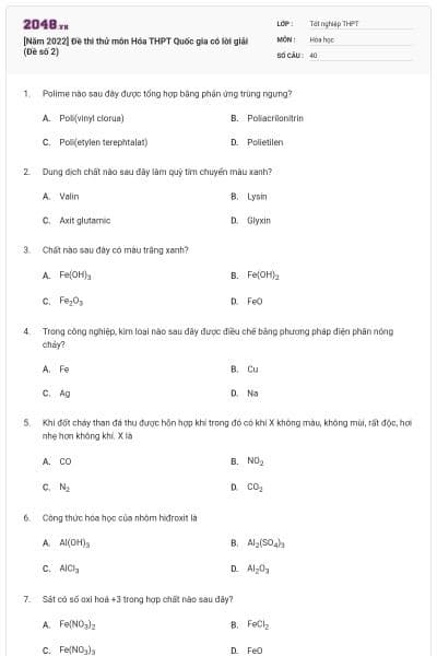 [Năm 2022] Đề thi thử môn Hóa THPT Quốc gia có lời giải (Đề số 2)