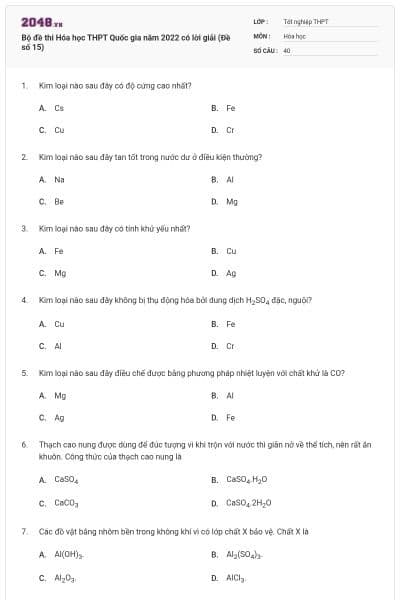 Bộ đề thi Hóa học THPT Quốc gia năm 2022 có lời giải (Đề số 15)