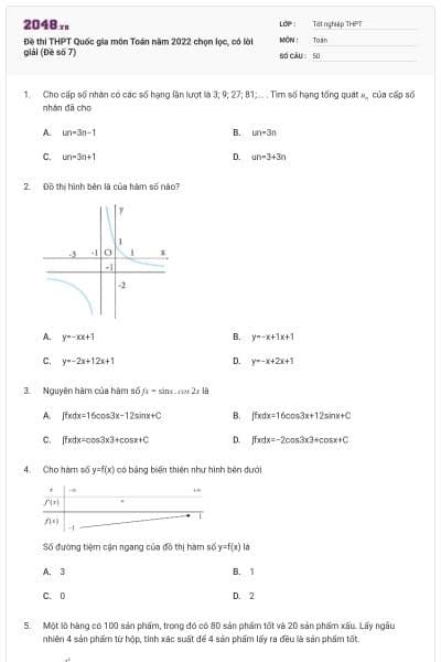Đề thi THPT Quốc gia môn Toán năm 2022 chọn lọc, có lời giải (Đề số 7)