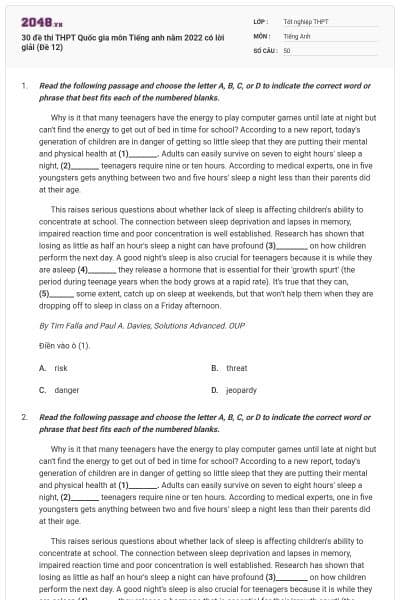30 đề thi THPT Quốc gia môn Tiếng anh năm 2022 có lời giải (Đề 12)