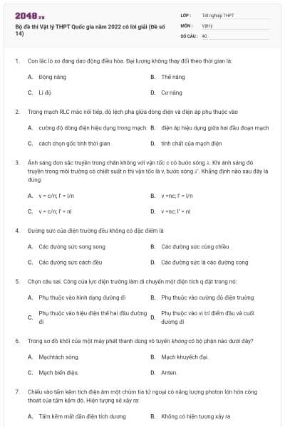 Bộ đề thi Vật lý THPT Quốc gia năm 2022 có lời giải (Đề số 14)