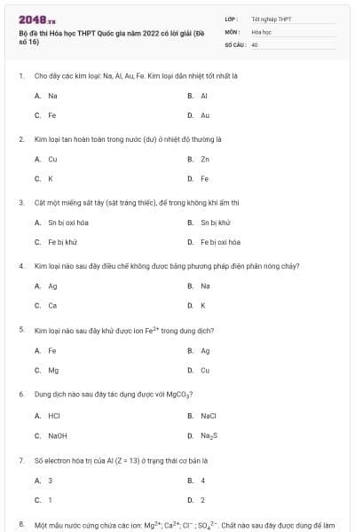 Bộ đề thi Hóa học THPT Quốc gia năm 2022 có lời giải (Đề số 16)