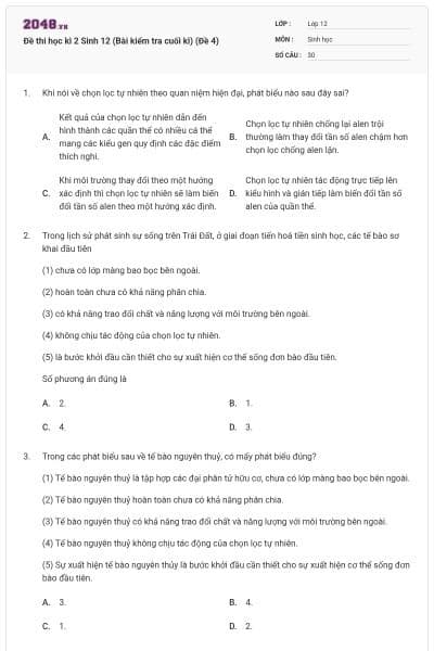 Đề thi học kì 2 Sinh 12 (Bài kiểm tra cuối kì) (Đề 4)