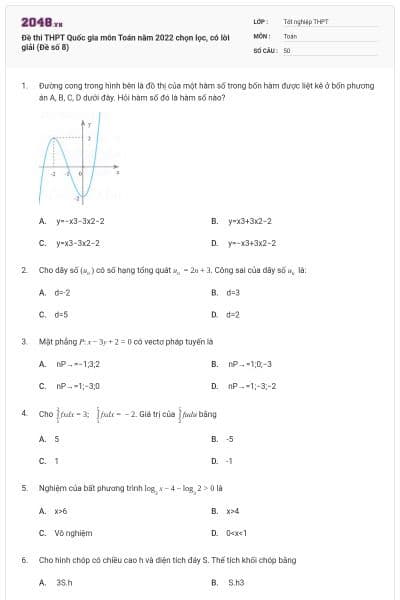 Đề thi THPT Quốc gia môn Toán năm 2022 chọn lọc, có lời giải (Đề số 8)
