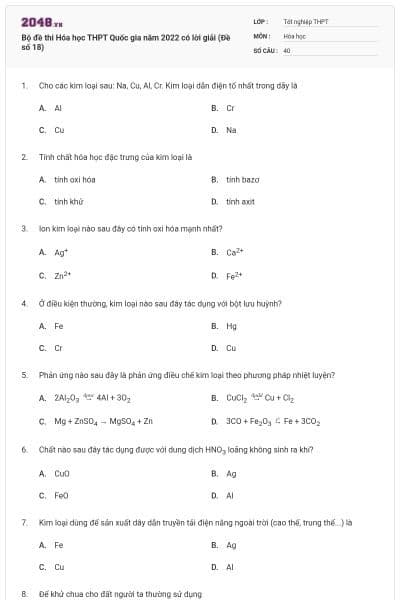 Bộ đề thi Hóa học THPT Quốc gia năm 2022 có lời giải (Đề số 18)