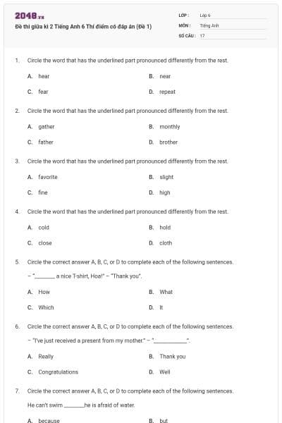 Đề thi giữa kì 2 Tiếng Anh 6 Thí điểm có đáp án (Đề 1)
