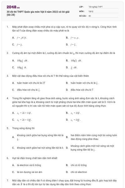 30 đề thi THPT Quốc gia môn Vật lí năm 2022 có lời giải (Đề 28)