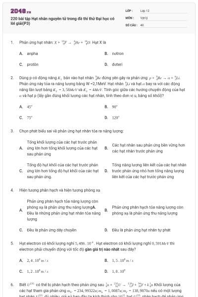 220 bài tập Hạt nhân nguyên tử trong đề thi thử Đại học có lời giải(P3)