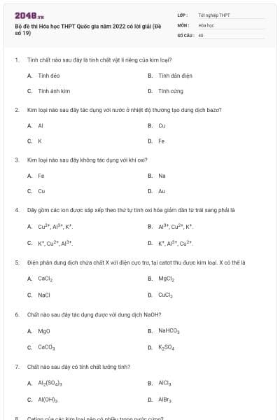 Bộ đề thi Hóa học THPT Quốc gia năm 2022 có lời giải (Đề số 19)