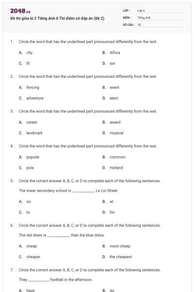 Đề thi giữa kì 2 Tiếng Anh 6 Thí điểm có đáp án (Đề 2)