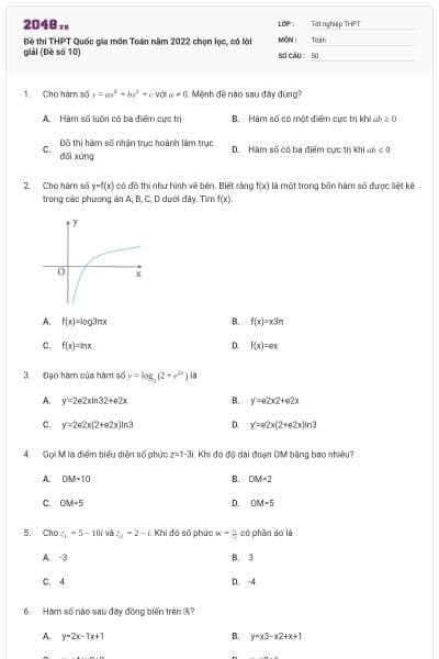 Đề thi THPT Quốc gia môn Toán năm 2022 chọn lọc, có lời giải (Đề số 10)