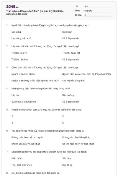 Trắc nghiệm Công nghệ 9 Bài 1 (có đáp án): Giới thiệu nghề điện dân dụng
