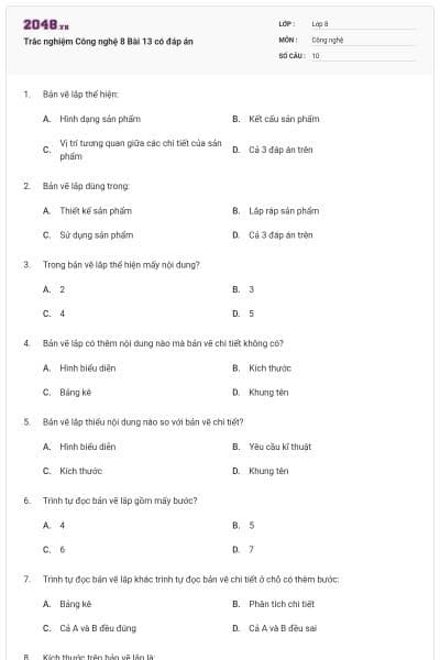 Trắc nghiệm Công nghệ 8 Bài 13 có đáp án