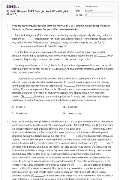 Bộ đề thi Tiếng anh THPT Quốc gia năm 2022 có lời giải ( Đề số 17 )