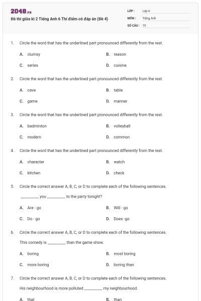 Đề thi giữa kì 2 Tiếng Anh 6 Thí điểm có đáp án (Đề 4)