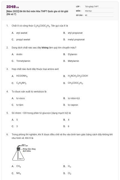 [Năm 2022] Đề thi thử môn Hóa THPT Quốc gia có lời giải (Đề số 7)