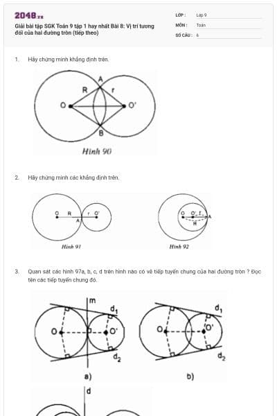 Giải bài tập SGK Toán 9 tập 1 hay nhất Bài 8: Vị trí tương đối của hai đường tròn (tiếp theo)