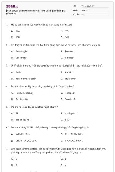 [Năm 2022] Đề thi thử môn Hóa THPT Quốc gia có lời giải (Đề số 8)