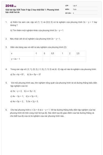 Giải bài tập SGK Toán 9 tập 2  hay nhất Bài 1: Phương trình bậc nhất hai ẩn