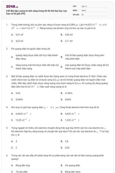 240 Bài tập Lượng tử ánh sáng trong đề thi thử Đại học cực hay có lời giải (P6)