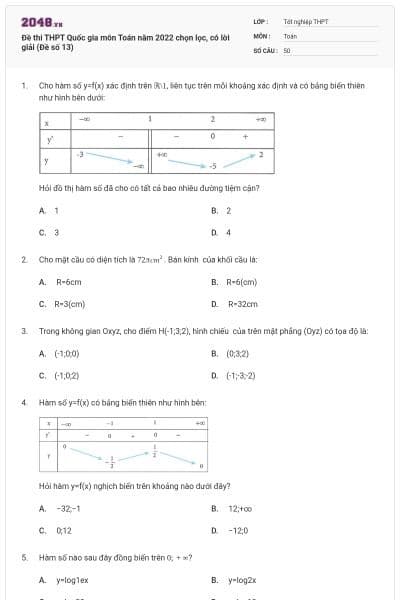 Đề thi THPT Quốc gia môn Toán năm 2022 chọn lọc, có lời giải (Đề số 13)