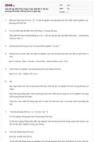 Giải bài tập SGK Toán 9 tập 2 hay nhất  Bài 2: Hệ hai phương trình bậc nhất hai ẩn và Luyện tập