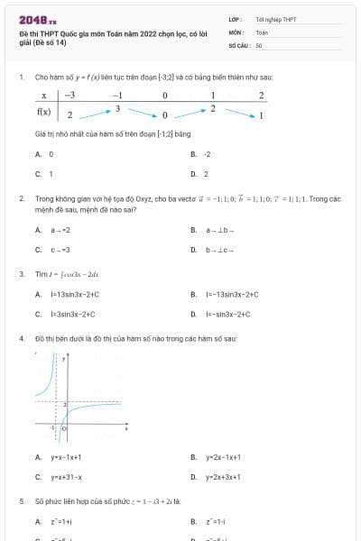 Đề thi THPT Quốc gia môn Toán năm 2022 chọn lọc, có lời giải (Đề số 14)