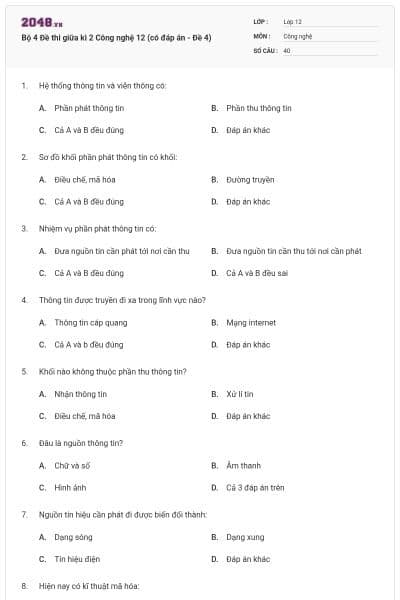 Bộ 4 Đề thi giữa kì 2 Công nghệ 12 (có đáp án - Đề 4)