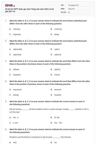 30 đề thi THPT Quốc gia môn Tiếng anh năm 2022 có lời giải (Đề 14)
