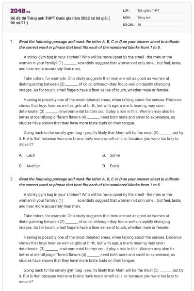 Bộ đề thi Tiếng anh THPT Quốc gia năm 2022 có lời giải ( Đề số 21 )