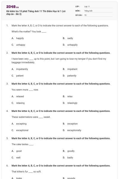 Đề kiểm tra 15 phút Tiếng Anh 11 Thí điểm Học kì 1 (có đáp án - Đề 3)
