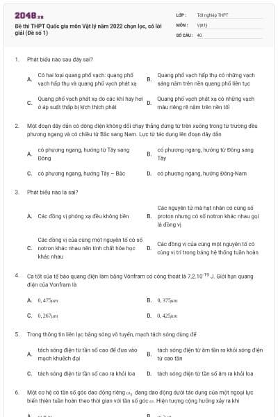 Đề thi THPT Quốc gia môn Vật lý năm 2022 chọn lọc, có lời giải (Đề số 1)
