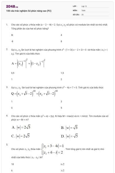 100 câu trắc nghiệm Số phức nâng cao (P2)