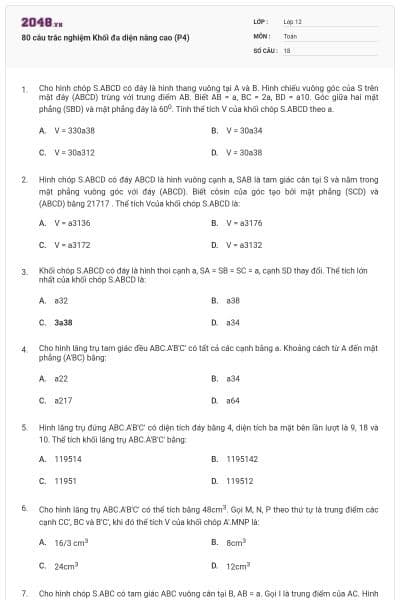 80 câu trắc nghiệm Khối đa diện nâng cao (P4)