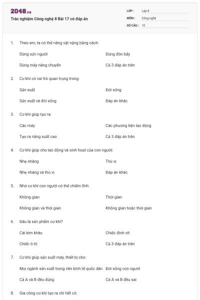 Trắc nghiệm Công nghệ 8 Bài 17 có đáp án