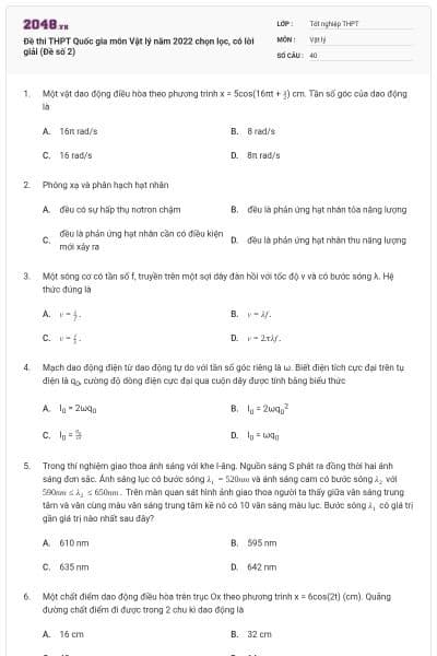 Đề thi THPT Quốc gia môn Vật lý năm 2022 chọn lọc, có lời giải (Đề số 2)