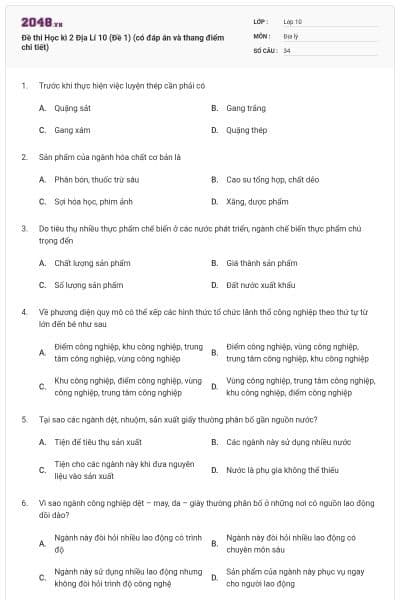 Đề thi Học kì 2 Địa Lí 10 (Đề 1) (có đáp án và thang điểm chi tiết)