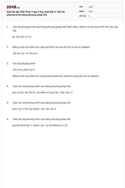 Giải bài tập SGK Toán 9 tập 2 hay nhất Bài 3: Giải hệ phương trình bằng phương pháp thế