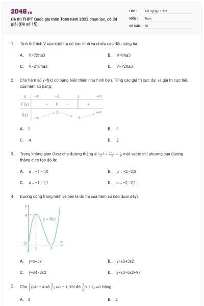 Đề thi THPT Quốc gia môn Toán năm 2022 chọn lọc, có lời giải (Đề số 15)