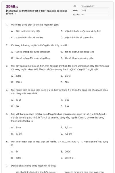 [Năm 2022] Đề thi thử môn Vật lý THPT Quốc gia có lời giải (Đề số 1)