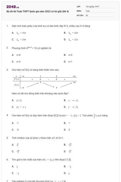 Bộ đề thi Toán THPT Quốc gia năm 2022 có lời giải (Đề 4)