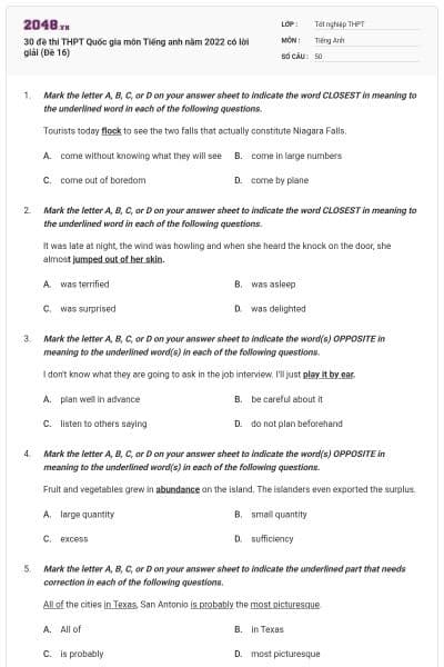 30 đề thi THPT Quốc gia môn Tiếng anh năm 2022 có lời giải (Đề 16)