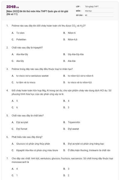 [Năm 2022] Đề thi thử môn Hóa THPT Quốc gia có lời giải (Đề số 11)
