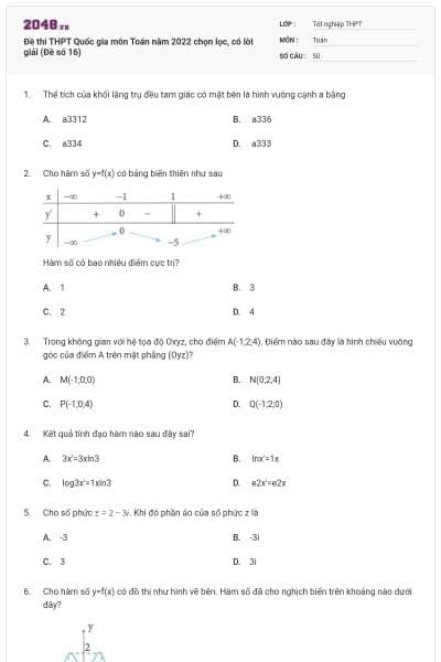 Đề thi THPT Quốc gia môn Toán năm 2022 chọn lọc, có lời giải (Đề số 16)