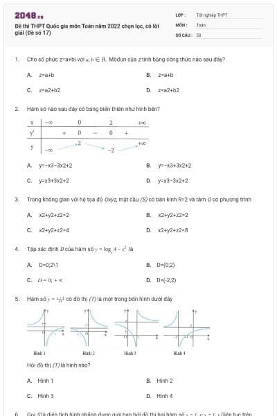 Đề thi THPT Quốc gia môn Toán năm 2022 chọn lọc, có lời giải (Đề số 17)