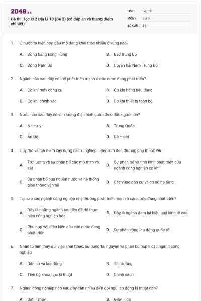 Đề thi Học kì 2 Địa Lí 10 (Đề 2) (có đáp án và thang điểm chi tiết)