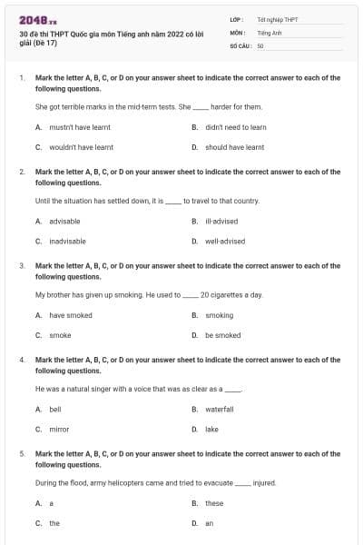 30 đề thi THPT Quốc gia môn Tiếng anh năm 2022 có lời giải (Đề 17)