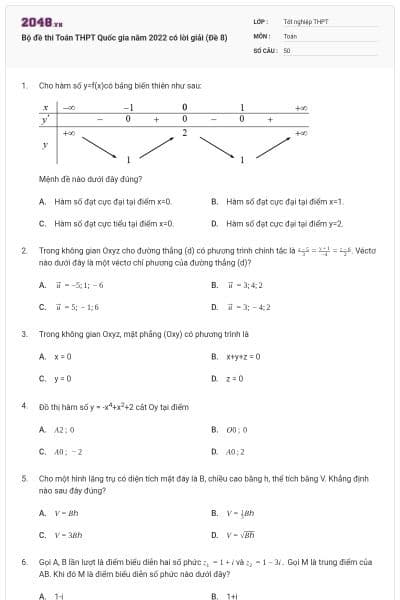 Bộ đề thi Toán THPT Quốc gia năm 2022 có lời giải (Đề 8)